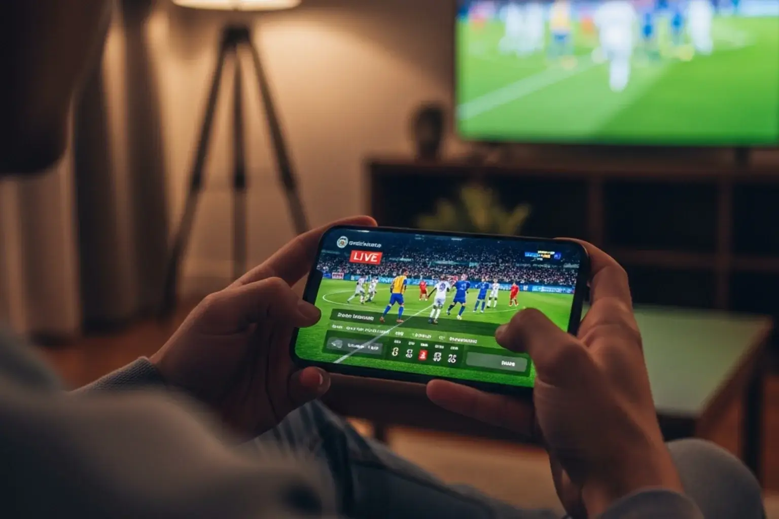 Aficionado siguiendo un partido de Champions League en su smartphone para apuestas en directo